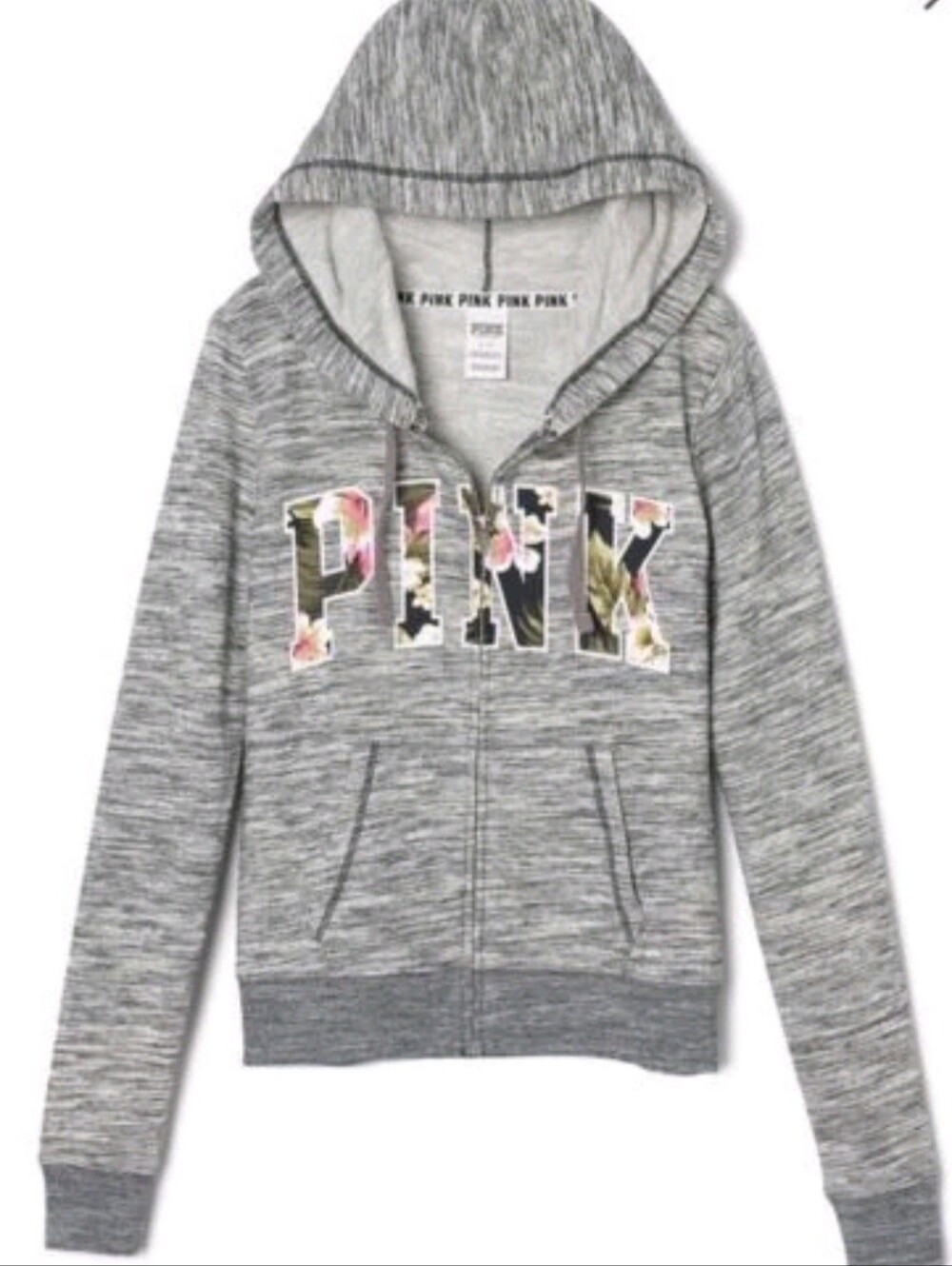 PINK Victoria's Secret Gray Marled Zip-Up Hoodie with Floral Lettering